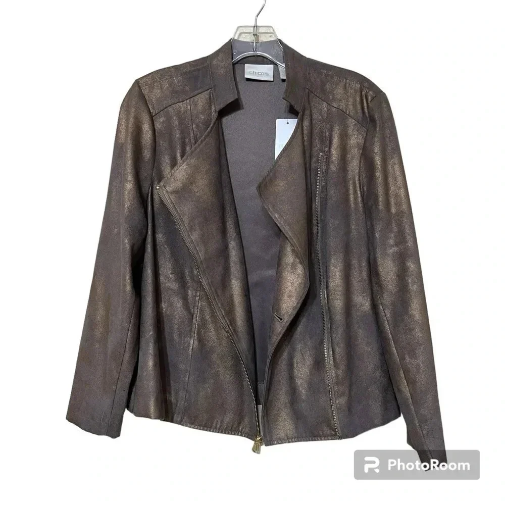 Chico’s Faux Suede Moto Jacket‎ Bronze Metallic Open Front